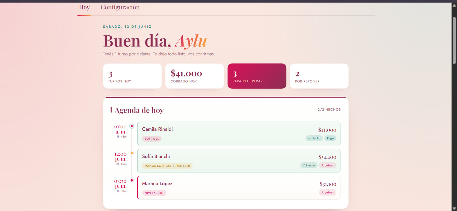 El panel por dentro: el día de hoy, la agenda y la caja (datos de ejemplo)