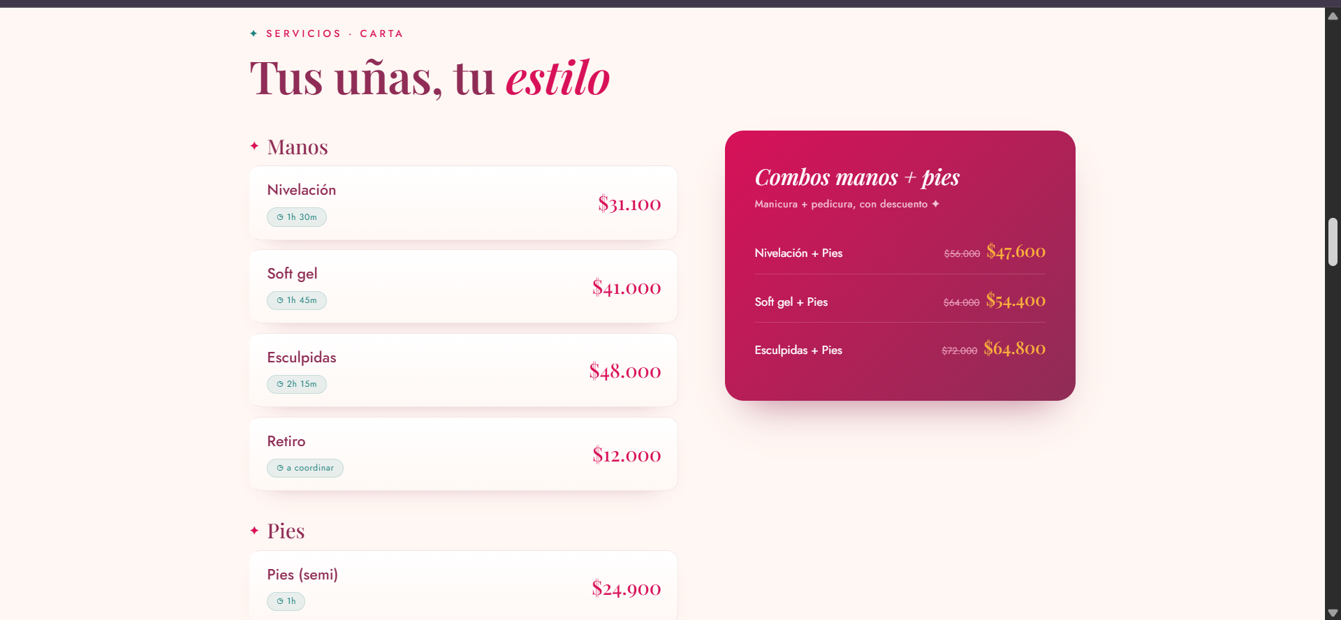 La web de Glowing Nails en vivo