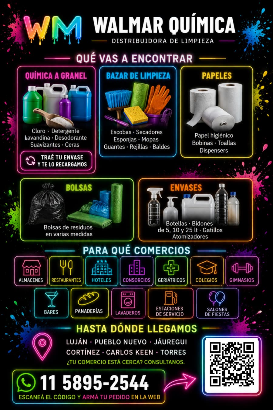 Dorso del folleto de Walmar Química: los rubros con fotos, los tipos de comercio a los que le vende y las localidades donde reparte, con el QR de nuevo.