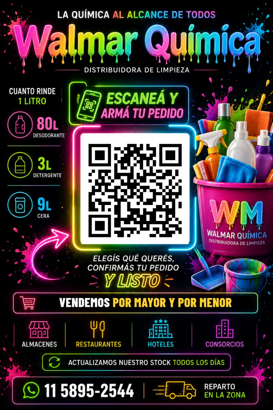 Frente del folleto de Walmar Química: la marca, un QR grande con la leyenda «Escaneá y armá tu pedido», cuánto rinde un litro de cada producto y el teléfono.